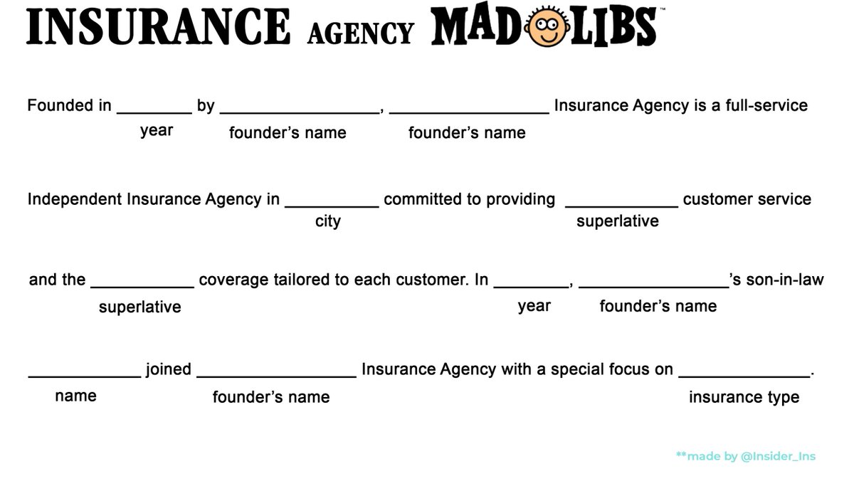 Insider_Ins's tweet photo. Let’s play Insurance Agency Website MadLibs. If your About Me section reads like this, hit me up. Let's fix it.

#insurance
#branding https://t.co/8l60vUmTsK