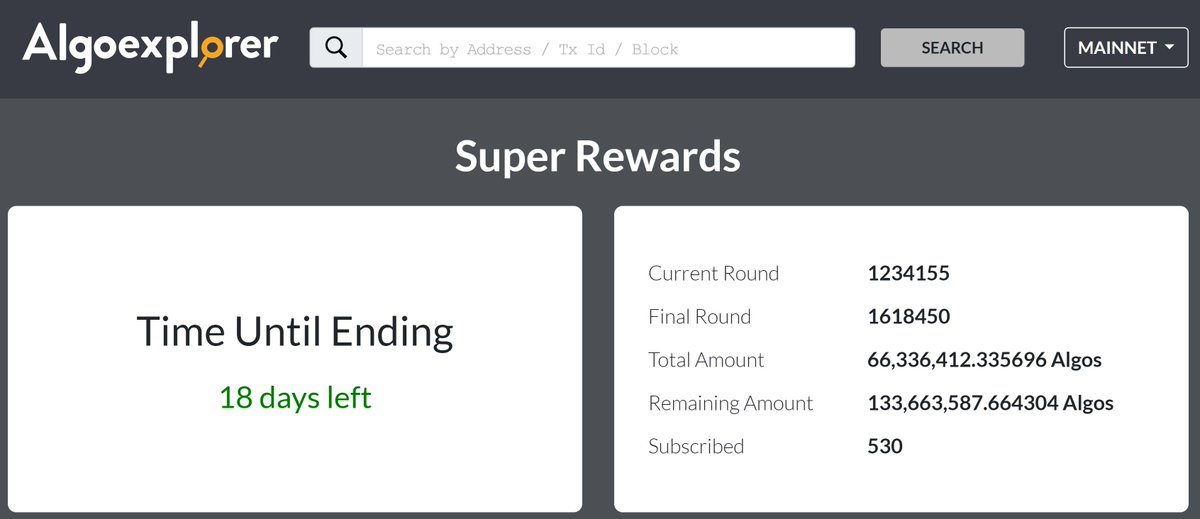 algo_explorer's tweet photo. https://t.co/ZLDHqtRR6f now shows @algorand @AlgoFoundation Super Rewards Stats: https://t.co/x6jIKP3Ody