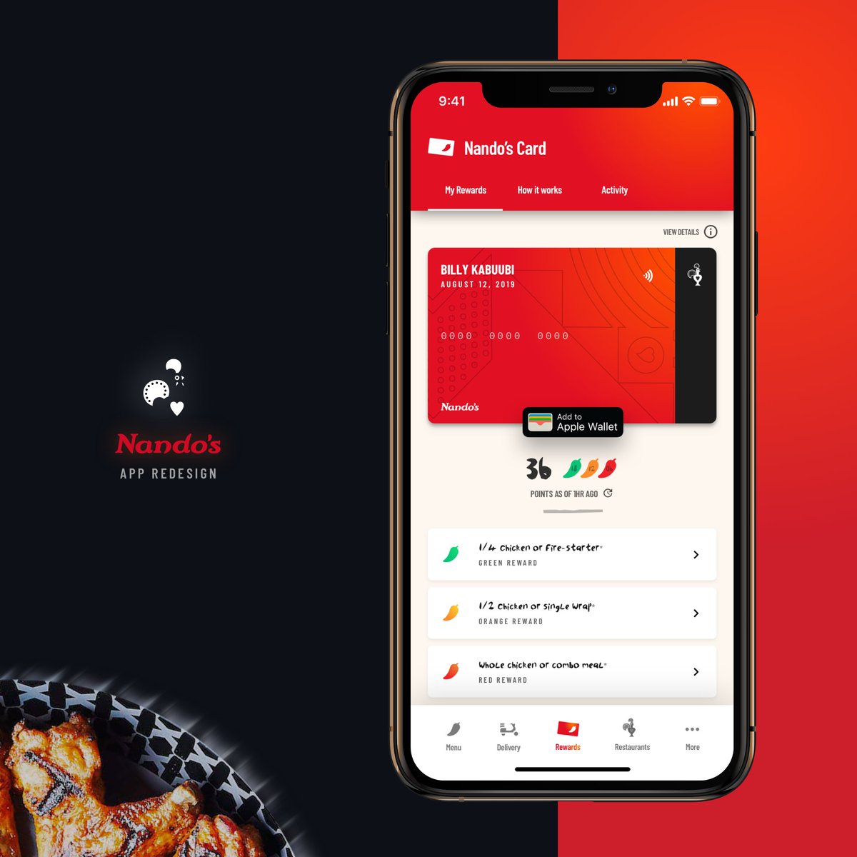 _billywk's tweet photo. Today I redesigned the @NandosUK app by taking it in a more modern direction after being inspired by their South-African origins and brand. https://t.co/3t7lruz7AX