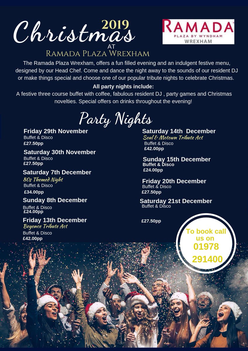 Ramada Plaza Wrexham (@ramadawrexham) on Twitter photo Our Christmas party nights are selling fast!! If you are still looking for a venue or would like some more information contact a member of our sales team on 01978 291400 or events@ramadaplazawrexham.co.uk.
Book now ๐
#christmas2019 #christmaspartynights #ramadaplazawrexham Our Christmas party nights are selling fast!! If you are still looking for a venue or would like some more information contact a member of our sales team on 01978 291400 or events@ramadaplazawrexham.co.uk.
Book now ๐
#christmas2019 #christmaspartynights #ramadaplazawrexham