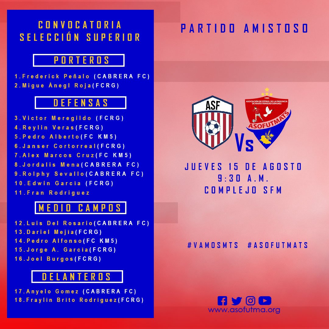 asofutmats's tweet photo. #ConvocatoriaOficial #SelecciónSuperiorMTS 

Partido Amistoso!

@AtleticoDSanFco 🆚️ @asofutmats

🗓  Jueves 15 de Agosto 
⏰ 9:30 A.M.
🏟 Complejo SFM

#VamosMTS #Asofutmats 🙌👏👊⚽️ https://t.co/UrbasH0lHn
