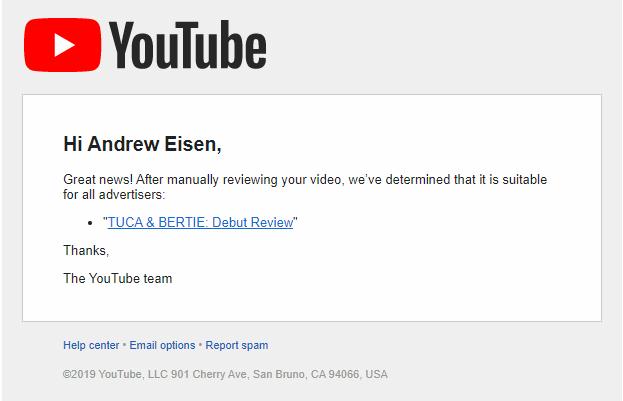 Pic of an email where YouTube once again admits it mis-flagged another one of my videos