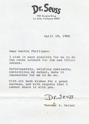 rocking_bob's tweet image. A letter from Dr Seuss to New Zealand&apos;s greatest band the Chills.