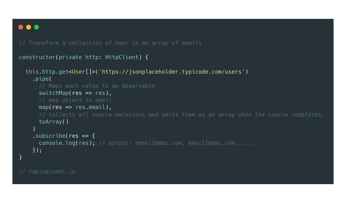 biondifabio's tweet photo. #dailyTip #rxjs #angular #switchMap #toArray
An idiomatic way to map an Angular HttpClient response.
Input: a list of User
Output: a list of emails https://t.co/q473H5zlV5