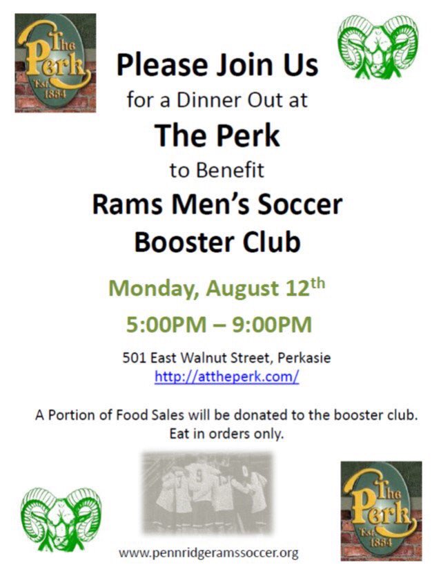 RamsMSBC's tweet photo. Please join us tonight, Monday, August 12th, from 5:00-9:00pm at The Perk. A portion of all food sales will benefit the Rams Menโs Soccer Booster Club. #AtThePerk #NoCookMonday https://t.co/6rL1u9OoKs