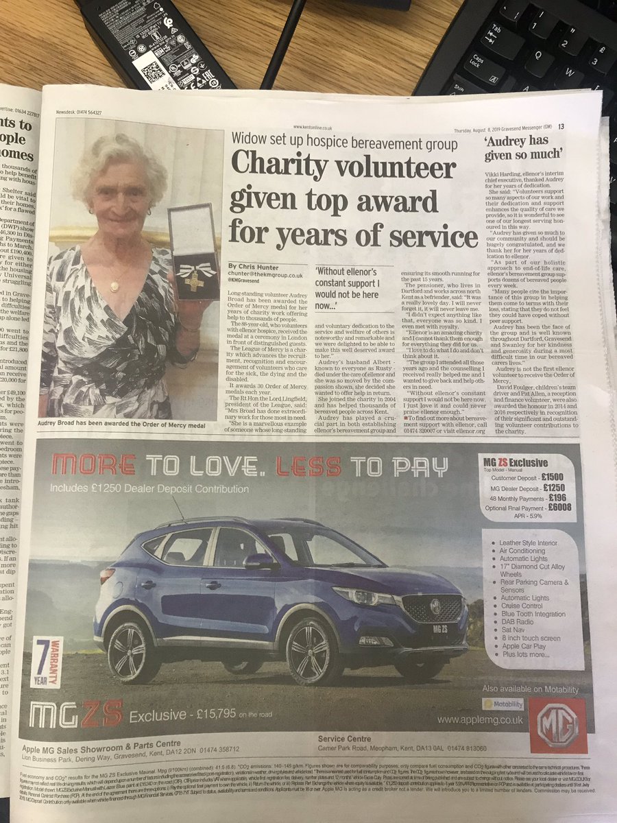 basia_wilson's tweet photo. Just picked up a copy of @KentMessenger #Gravesend ~ 88 year old Audrey who volunteers @ellenorcharity receives the prestigious #OrderofMercy 👍 https://t.co/gmbsEyendY