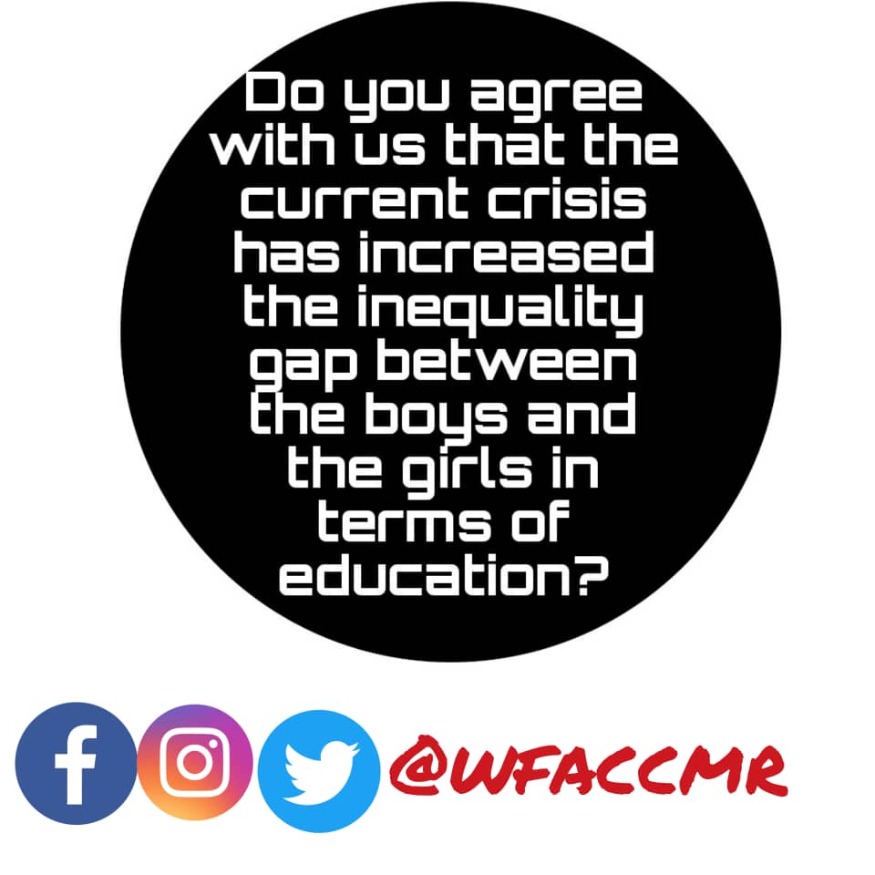 WfacCmr's tweet photo. Q5: Do you agree that, the current conflict has increased the inequality gap between boys and girls especially in terms of education?#wfacgshe #IYD #SDG4
cc:@Makeohmafor @Nancy4change1 @VDonkeng @JavicWambo @LekuNakou @RahelUle @tamostephane1 @DouanlaMerlus https://t.co/IOQoPb3mTl