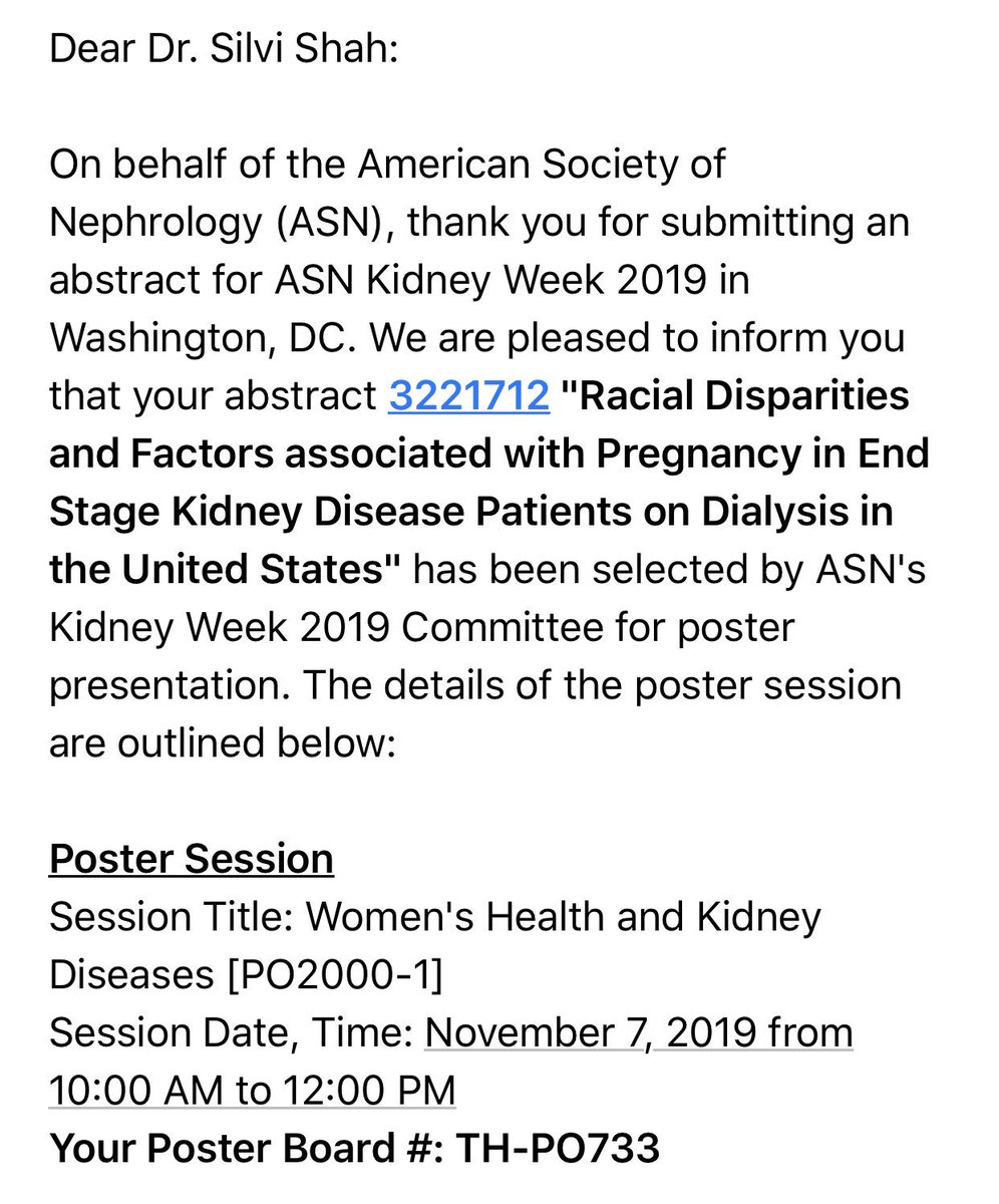 Excited to present our research work in #kidneywk with oral and poster presentations. Thank you <a href="/ASNKidney/">American Society of Nephrology</a> for the opportunity. #WomensHealth #HealthDisparities #aki