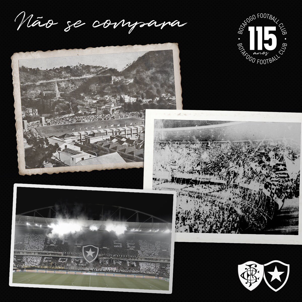 Botafogo's tweet photo. Hoje o Botafogo completa 115 anos de futebol! Alvinegros, essa data é de vocês! Afinal, vocês são o Botafogo. Vocês sentem, cantam, vibram e vivem por nós. E por vocês é que lutamos e procuramos dar o melhor. A paixão pelo Botafogo é muito mais do que torcer por um time... https://t.co/Du3VtD7Pi7
