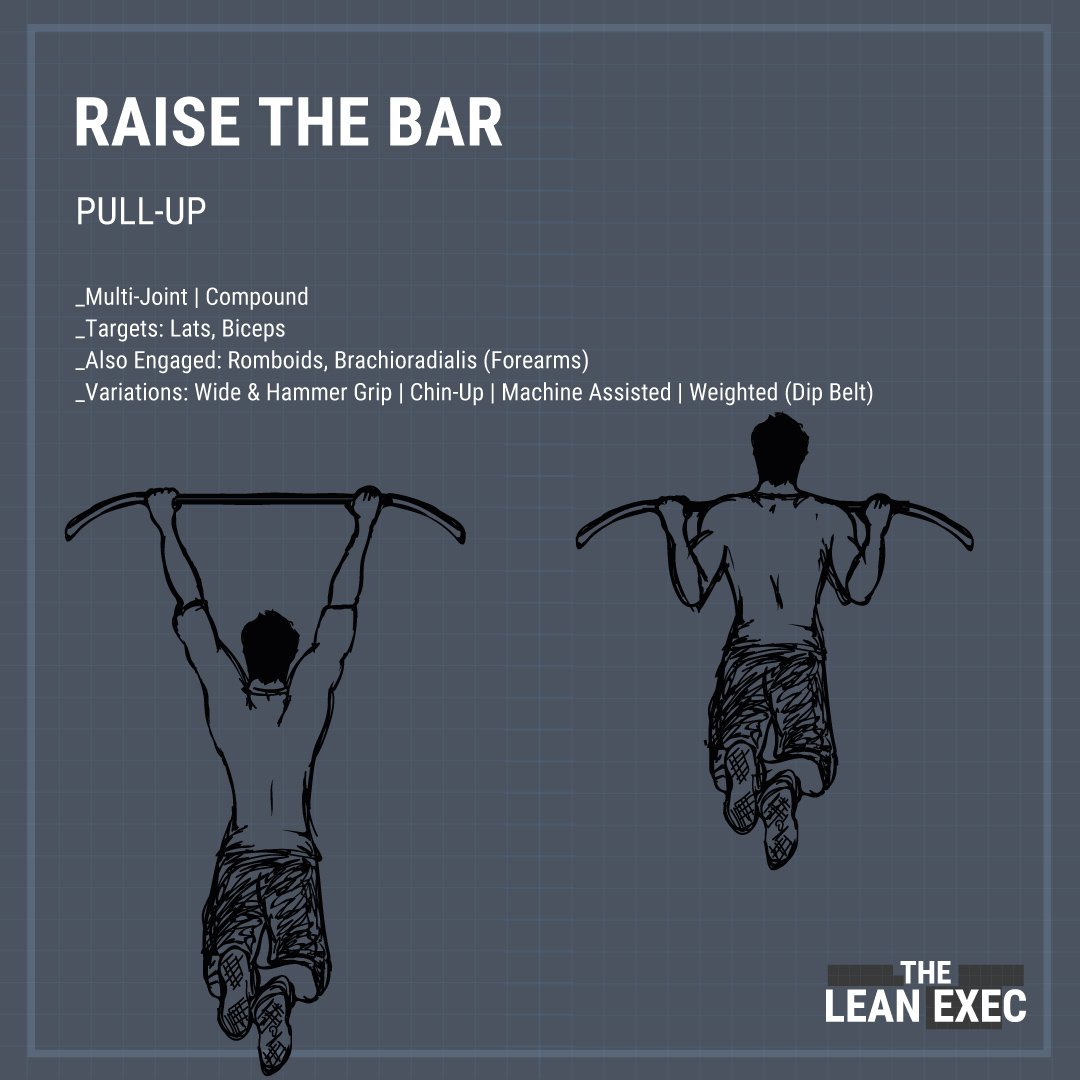 TheLeanExec's tweet photo. Raise The Bar - Pull-Up - Multi-Joint Compound movement targeting lats and biceps.  Romboids and Brachioradialis (forearms) also engaged.  Variations: wide &amp; hammer grip | chin-up | machine-assisted | weighted (dip-belt) #fitness #training #health #theleanexec #pullups https://t.co/Fr3c3Czr6g