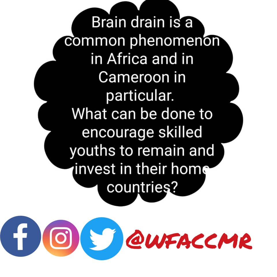WfacCmr's tweet photo. Q6: Brain drain is a common phenomenon in Africa &amp;Cameroon in particular. What can be done to encourage skilled youths to remain &amp; invest in their home countries? #wfacgshe #IYD2019
Cc: @JosieAkos @EmmanuelNMOffic @ABobvala @BlancheOlivia1 @DouanlaMerlus @JavicWambo @MiaffoE https://t.co/iUUTlnmHSA