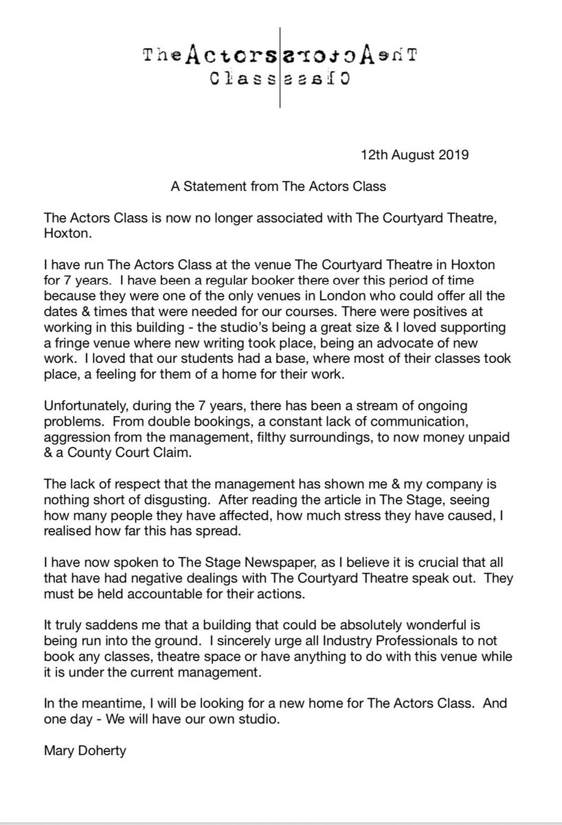 A Statement from The Actors Class: 

The Actors Class is now no longer associated with The Courtyard Theatre, Hoxton.