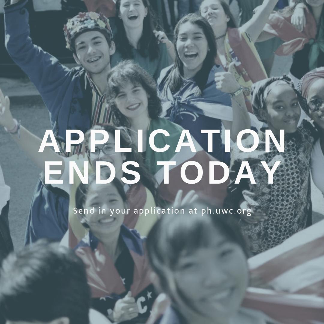 UWCPhilippines's tweet photo. Today is the day! Application ends today. Send them in before the day ends at https://t.co/P5EdxUMKiS

Thank you to everyone who submitted their applications, we will be reviewing them and will be in contact with you soon! https://t.co/05G4dBG9dT