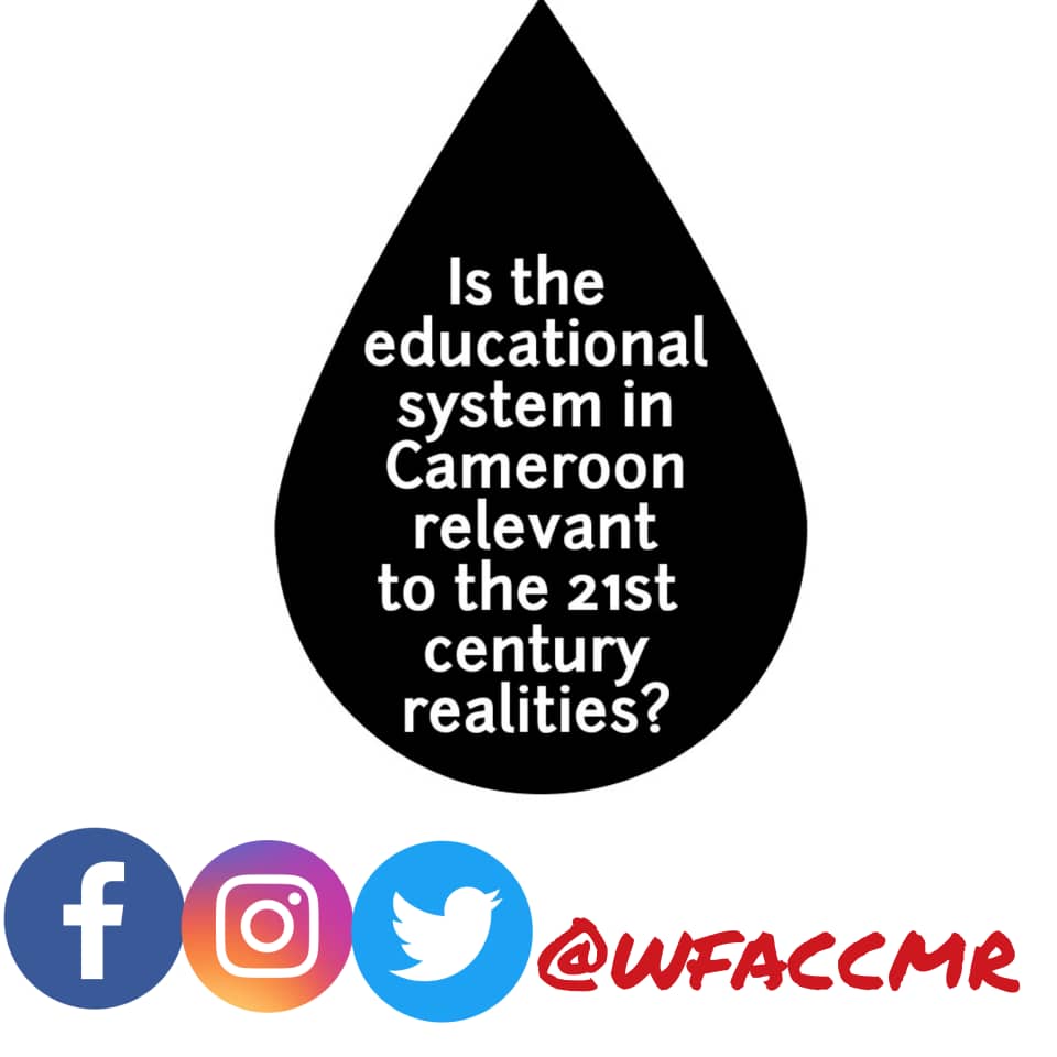 WfacCmr's tweet photo. Q7: What do you think about the education system of Cameroon? Is it relevant to 21st century realities?#wfacgshe #IYD2019
cc:
@EmmanuelNMOffic @ZoFem @MiaffoE @JosieAkos @ABobvala @JavicWambo https://t.co/ywOyu0VVUf