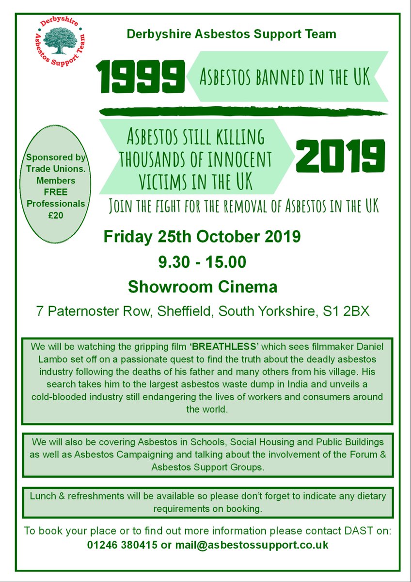 EMASTUK's tweet photo. Important event to mark the 20th Anniversary ban of asbestos.  Low levels of asbestos can cause mesothelioma - cancer.  What can we do to prevent future ill-health.  Join us to find out?  Please distribute @DerbyUnion @DerbyUniLibrary @ComChesterfield https://t.co/IbiGnSgJM8