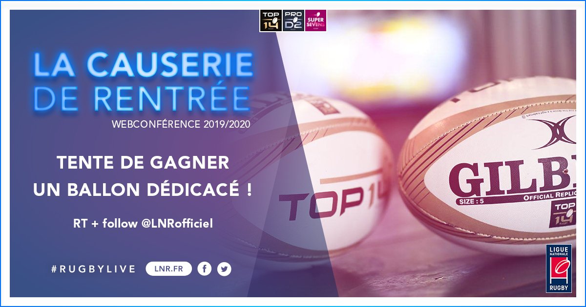 LNRofficiel's tweet photo. JEU CONCOURS Causerie de rentrée 🎁 

Gagne ton ballon dédicacé #TOP14 ou #PROD2 🏉

Pour y participer : 

✅ RT + Follow @LNRofficiel
✅ Réponds si tu préfères un ballon #TOP14 ou #PROD2 

Tirage au sort le 20 août
#RugbyLive https://t.co/r8YxIT2qC1