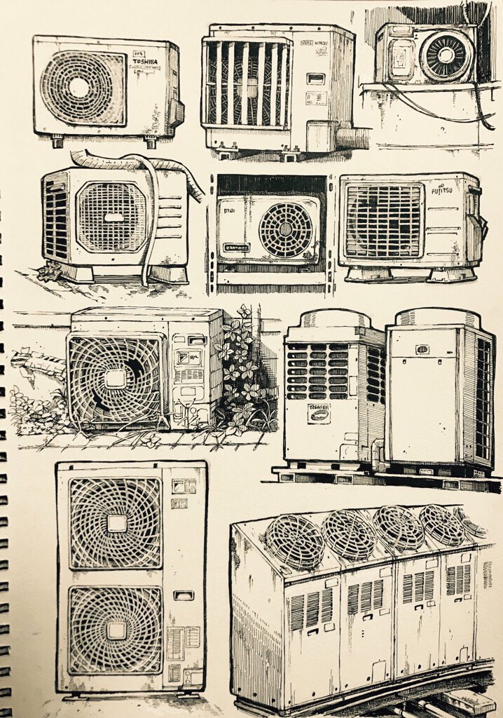 みんな室外機好きなんだなあ。私も大好きです。(過去の絵から色々) 