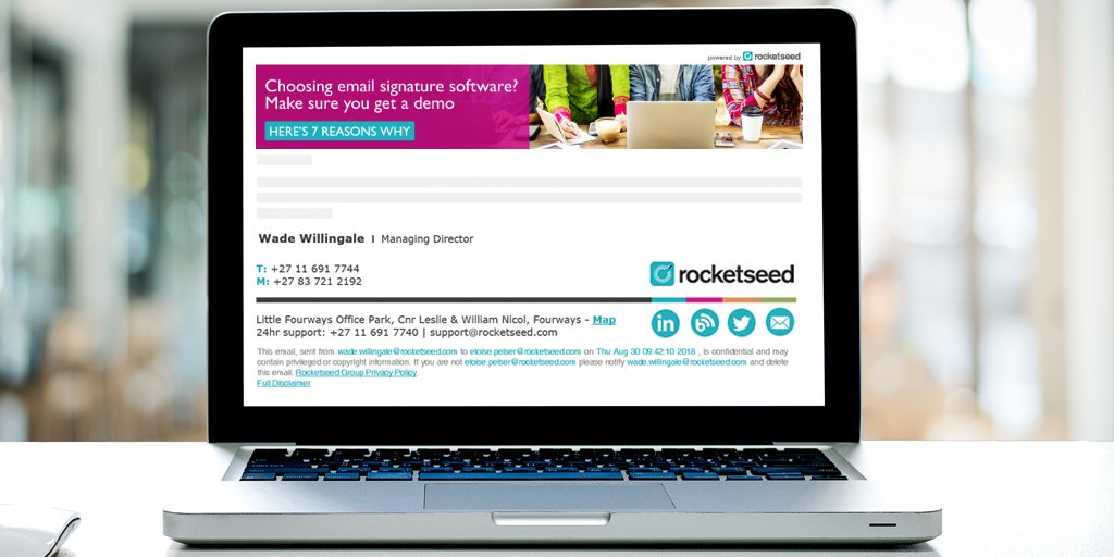 rocketseed's tweet photo. When looking into buying new #emailsignature software for your business, ALWAYS insist on a #demo first! Here’s 7 reasons why a personalised demo ensures you choose the right email signature solution https://t.co/uOn0niRpwm #emailsignaturesolution #professionalemailsignatures https://t.co/BVV0T6VFFR