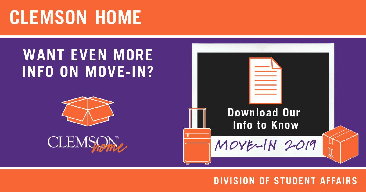 ClemsonHome's tweet photo. Looking for specific schedules, hours for on-campus offices, important phone numbers, or resources for move-in? Our Info To Know guide has it all. 

https://t.co/dkGjh9NYTp

See all the move-in info at https://t.co/sscdJc8MI7

#ClemsonMoveIn #LiveWhereYourLifeHappens https://t.co/PspDaZEmdu