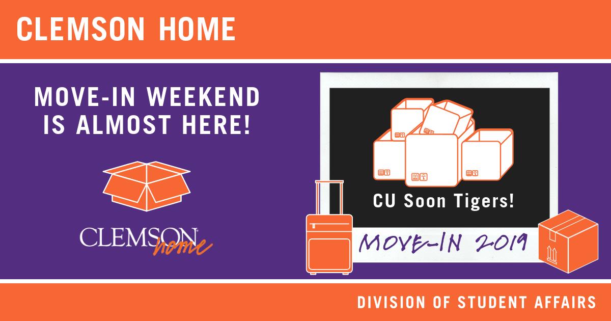 ClemsonHome's tweet photo. We can't wait for move-in and we hope you feel the same! It's exciting for everyone in Clemson and we're all waiting to welcome you home! CU soon Tigers!

Looking for last minute move-in info? Here's the link: https://t.co/sscdJc8MI7.

#ClemsonMoveIn #LiveWhereYourLifeHappens https://t.co/z3eXTZFimA