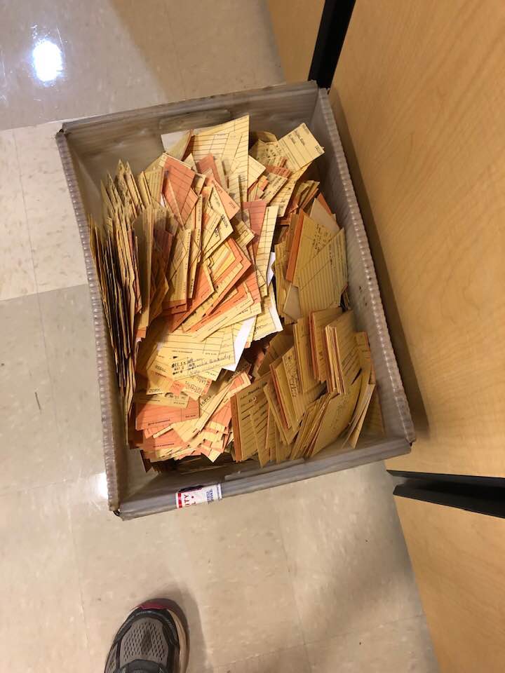 sbcalumnae's tweet photo. Holla Holla! @SweetBriaredu #SweetWorkWeeks - Inside Projects: Working in the #Library and pulling out original library cards from inside books! Photos from Alice Dixon '82. #SweetBriarFIERCE https://t.co/WEkDgl186F