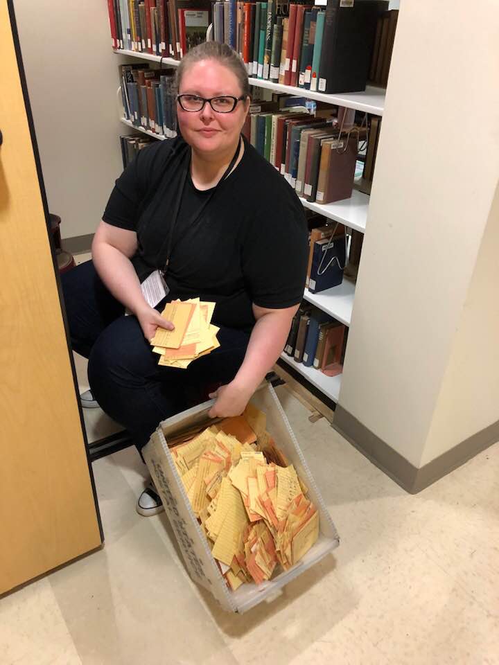 sbcalumnae's tweet photo. Holla Holla! @SweetBriaredu #SweetWorkWeeks - Inside Projects: Working in the #Library and pulling out original library cards from inside books! Photos from Alice Dixon '82. #SweetBriarFIERCE https://t.co/WEkDgl186F