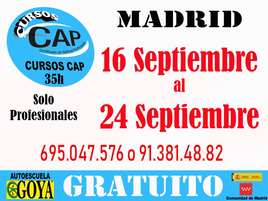 AutoescuelaGoya's tweet photo. Curso CAP DE 35h Gratuito para Profesionales desde el 16 de Septiembre hasta 24 de Septiembre de 16h a 21:15h en Madrid, Metro Canillas. Infórmate en el 695047576 o 913814882. #camion #bus #profesional #capcontinua35h #cap35h #autoescuelagoya @goyaformacion @autoesucelagoya https://t.co/XOFkFTJNCh