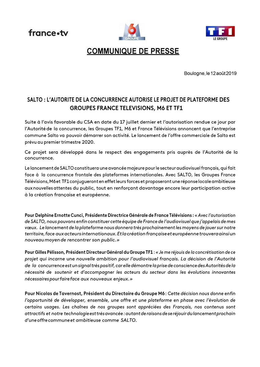 Salto_fr's tweet photo. L’Autorité de la concurrence autorise @SaltoOfficiel, le projet de plateforme des groupes @FranceTele @M6Groupe et @GroupeTF1
Retrouvez le communiqué ici ⤵️ https://t.co/CgeDg6WEln