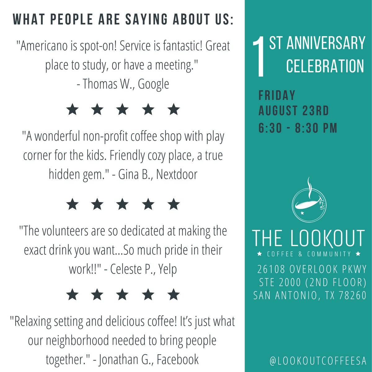 lookoutcoffeesa's tweet photo. You like us, you really like us! Thanks to you our customers we've held on to a nearly perfect rating on all the major services throughout our 1st year. Your kind words & feedback are truly appreciated. Thank you for sharing our story with the world.⭐👍🏆 #ourfirstyear https://t.co/EAcHplUgbQ