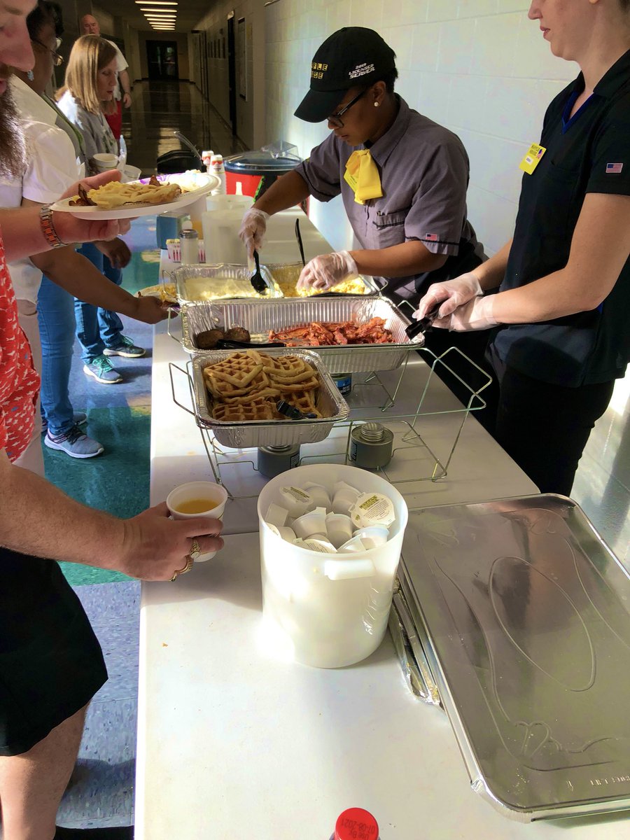 KDBlankenship's tweet photo. This is how we do welcome back @NEMS_STEAM. The team is ready to start the 19-20 school year! (After a hearty meal from Waffle House!) https://t.co/S7y67GZvW1