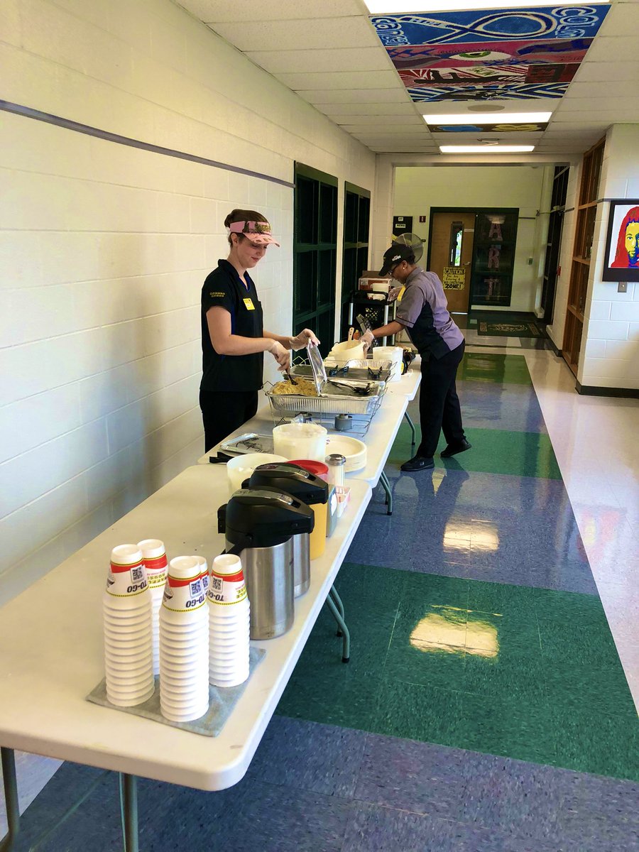 KDBlankenship's tweet photo. This is how we do welcome back @NEMS_STEAM. The team is ready to start the 19-20 school year! (After a hearty meal from Waffle House!) https://t.co/S7y67GZvW1