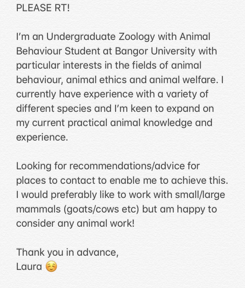 PLEASE RETWEET // Undergraduate Zoology with Animal Behaviour Student looking for work experience opportunities ☺️🐐