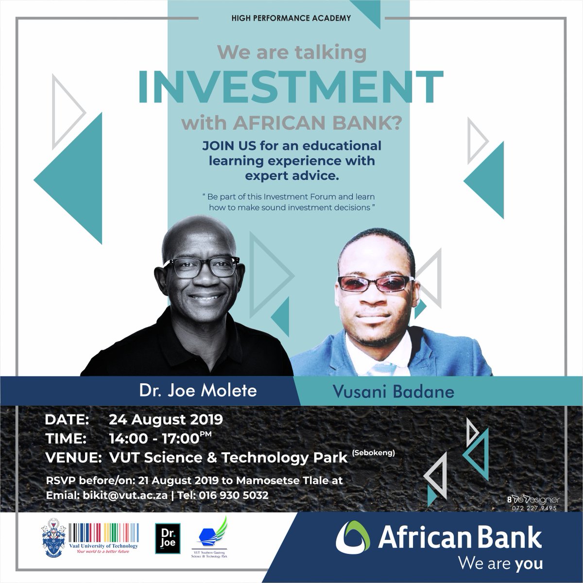 drjoemolete's tweet photo. Come join Dr Joe ar our next seminar where we talking investment with African Bank. The seminar will take place on the 24 August starting 14:00 here at the VUT Science Park in Sebokeng. Come learn and network. Free event https://t.co/rsH6J7jecK