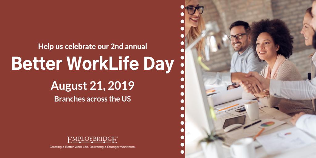 Employbridge's tweet photo. Mark your calendar, Better Worklife Day is right around the corner! EmployBridge specialty workforce brands will be hosting local hiring events and #BetterWorkLifeAcademy learning sessions on August 21. Stay turned to learn more! #BetterWorkLifeDay #skillsgap https://t.co/d8tkBT0Afl
