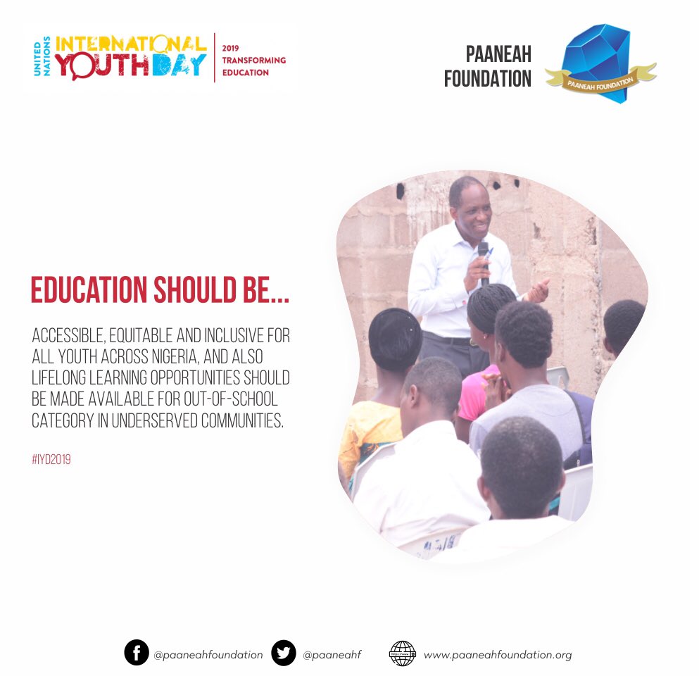 PaaneahF's tweet photo. The theme of this year #IYD2019 aligns with our vision of ensuring that youth and all categories of young people have equal and equitable access to education. It plays an important role in accelerating the progress of a nation. https://t.co/TlBLhigEIA https://t.co/WxSxAi5XAC