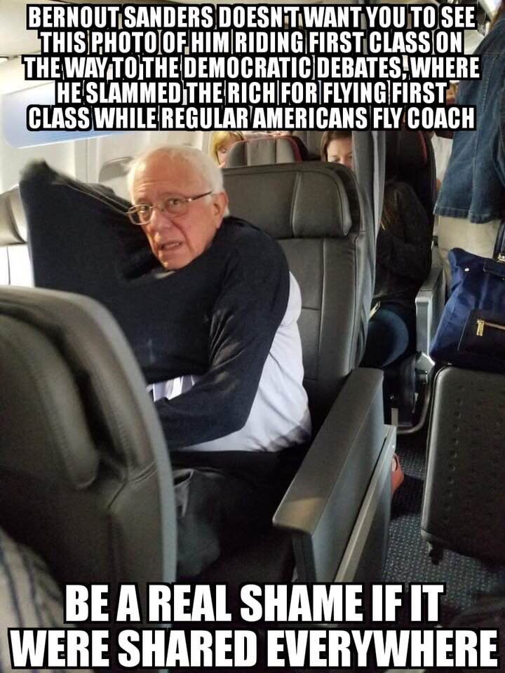 bennhogan72's tweet photo. ⁦@BernieSanders⁩ must be nice flying first class on tax payers money. https://t.co/EhmJc3SnU2