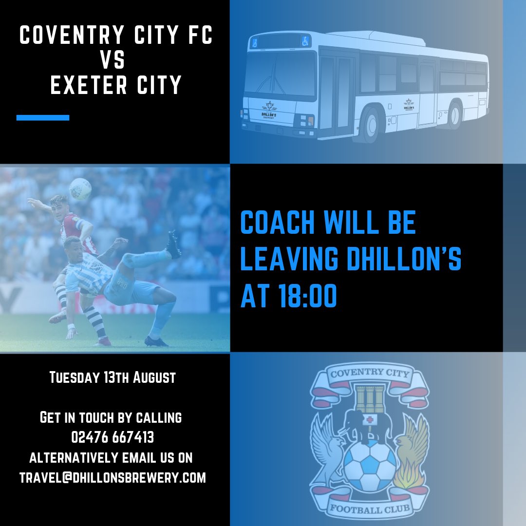 DhillonsBrewery's tweet photo. Good afternoon folks, make sure to get in touch for your space on our coach to St.Andrews tomorrow.
#dhillonsbrewery #keepitreale #ccfc #pusb #coventryvsexeter #covcity #football #coachservice #cityofculture https://t.co/JTtBWfHHxX