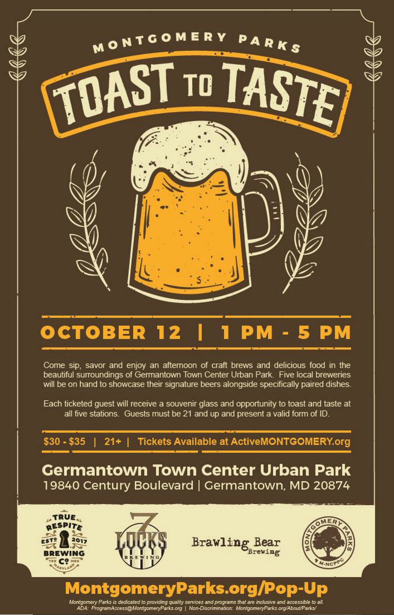 MontgomeryParks's tweet photo. Craft beer paired with catered dishes.
Sample five of Montgomery County's finest microbreweries at Toast to Taste Saturday, October 12, 1 to 5 pm, at Germantown Town Center Urban Park.
Early bird tickets now on sale!: https://t.co/4QdoognJNA.
#ToastToTaste #PopUpParks https://t.co/oM7Nw0j39v
