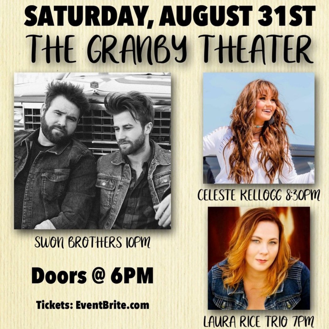 Alright y'all! Time to get ready for another one! This time you can check us out with Celeste Kellogg and the The Swon Brothers at The Granby Theater on August 31st! Tickets are available at eventbrite.com/e/the-swon-bro…
#lauraricemusic #celestekellogg #theSwonBrothers #GranbyTheater