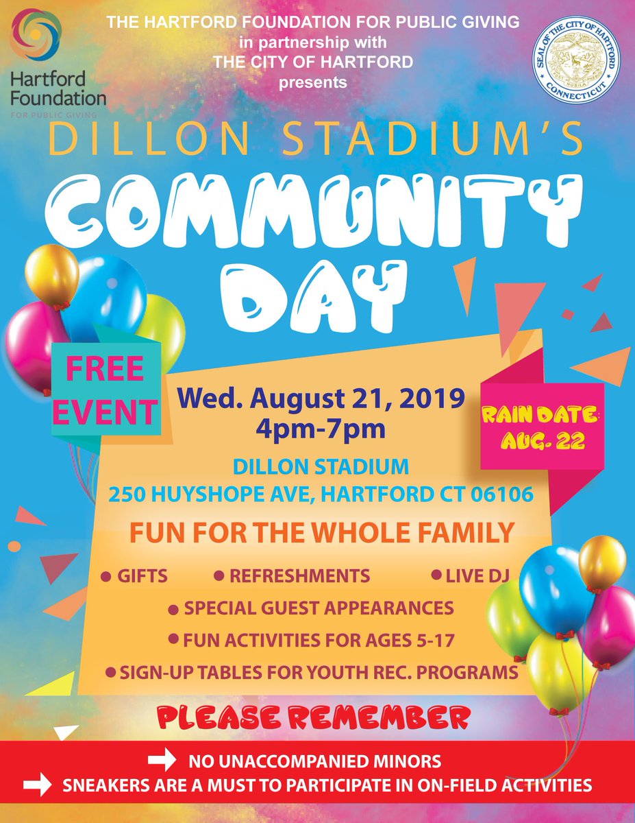 🔊🗣️Calling all #Hartford families: Dillon Stadium will be hosting a Community Day on August 21, 2019. There will be on-field games, gifts, and special guest appearances 👀.

The fun begins at 4 pm.

Event brought to you by <a href="/DDSHartford/">@ddshartford</a> + <a href="/HartfordFdn/">Hartford Foundation</a>.