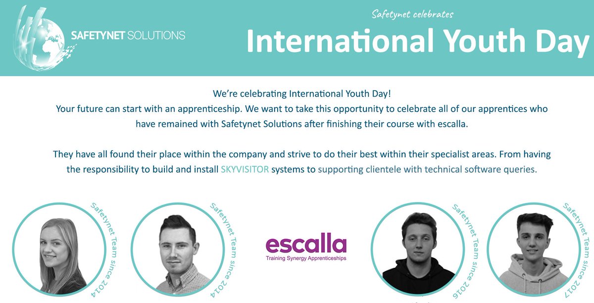 Safetynet_Ltd's tweet photo. Its #InternationalYouthDay!
#InternationalYouthDay2019 #apprentices #welldone #poptech #nexgen #MondayMotivation #Skyvisitor @escallaship https://t.co/NIftKJAzp5