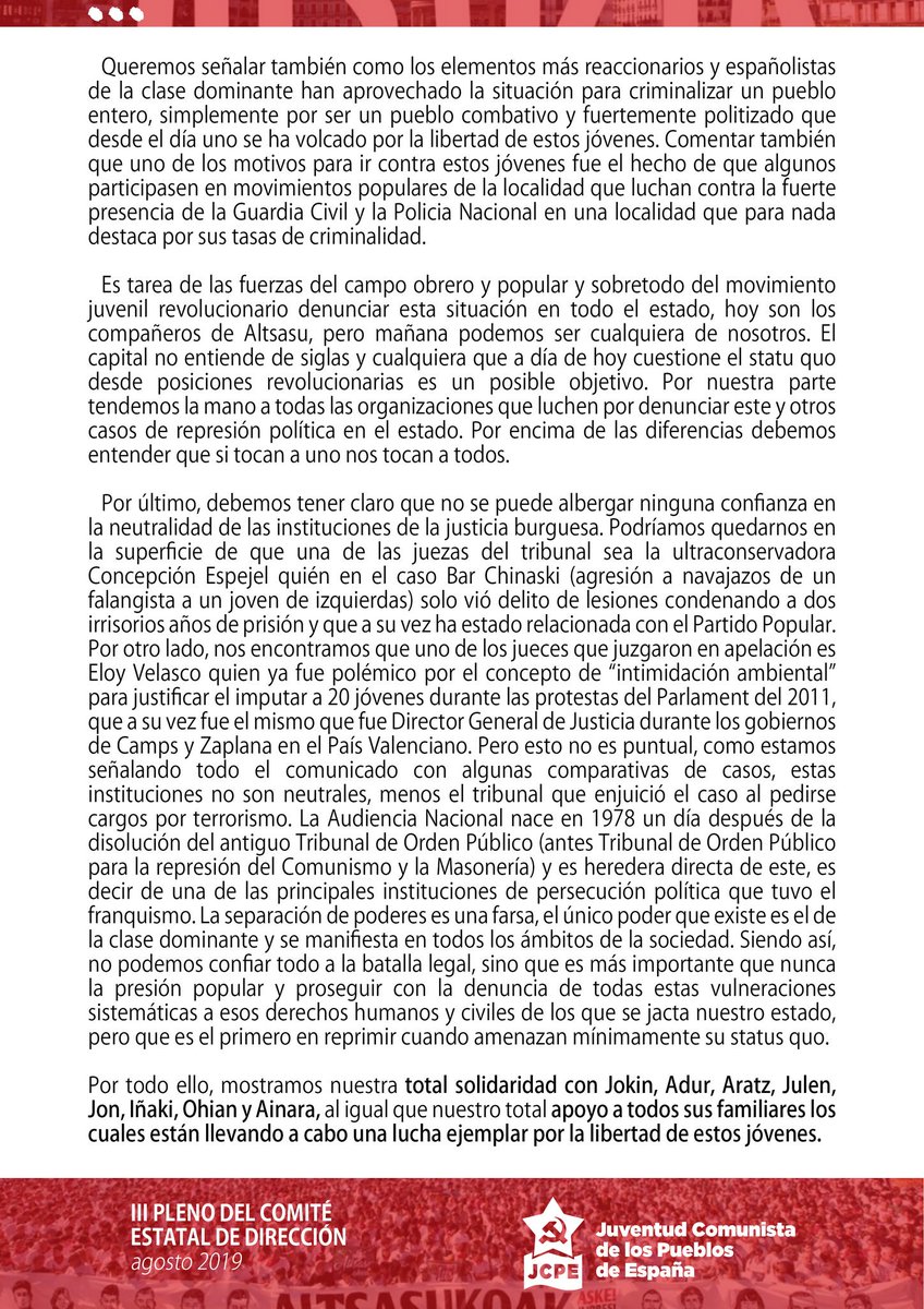 JCPE_Comunista's tweet photo. Resolución del Comité Estatal de dirección de la JCPE ante los 1000 días de detención de los jóvenes de #Altsasu #AltsasukoakASKE https://t.co/ki5Jkd75pu