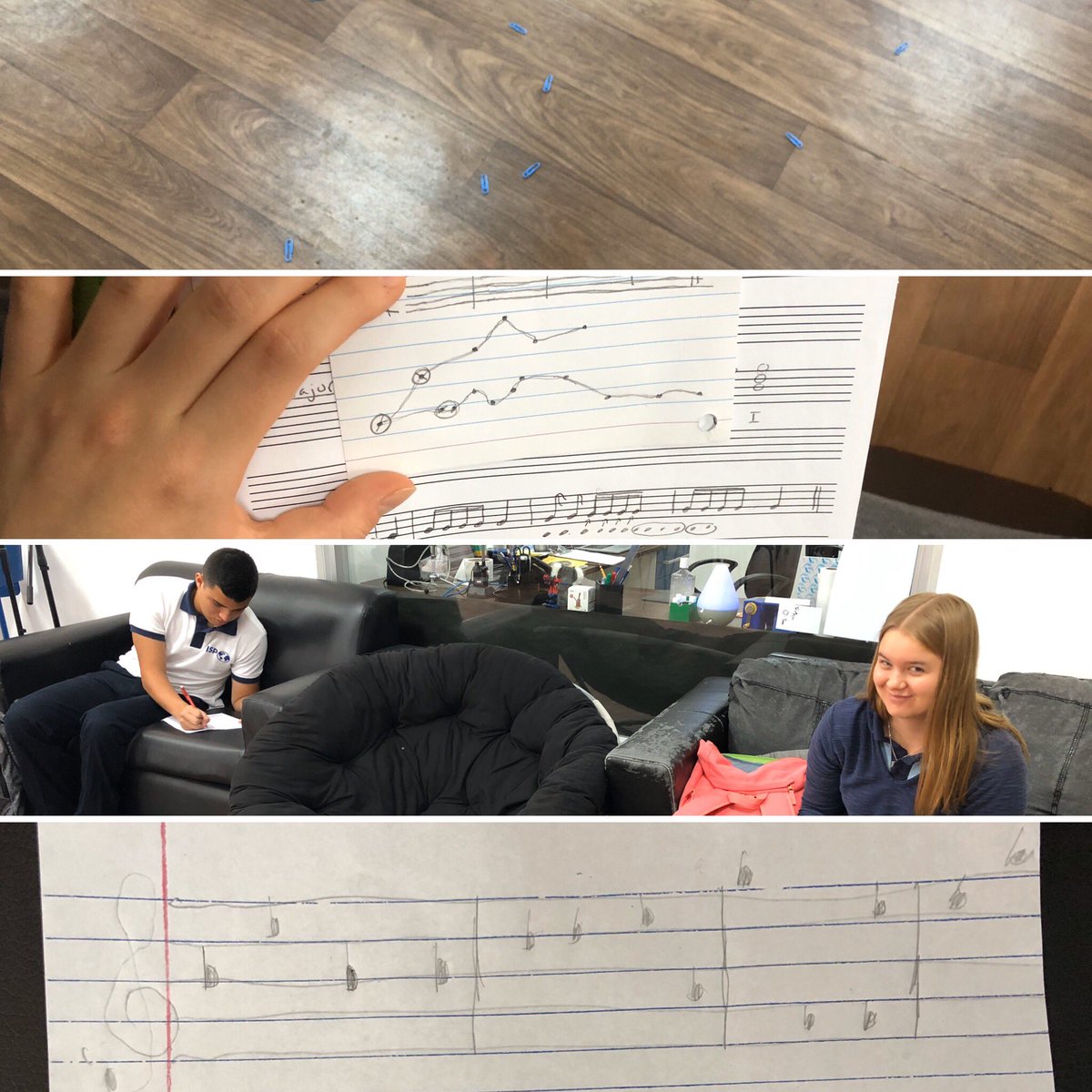 meganjhighfill's tweet photo. Random paper clip composition activity to start students composing on Day 1. Scatter 16 paper clips, draw the contour and plot of where they land, transfer to a musical staff, and perform! #ibmusic #ibdpmusic #studentcomposition #HSmusic #composing #contour #thereisnoplacelikeisp https://t.co/bSgpmm01Me