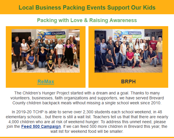 REMAXSolutions1's tweet photo. We loved helping out at the #ChildrensHungerProject this year! Won't you help this amazing organization feed Brevard's kids with weekend meals? #feed500campaign #remaxsolutions https://t.co/Gd8y4juPyn