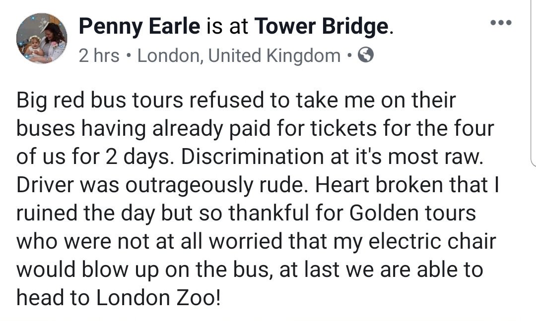 My mum had pre-booked tickets AND checked wheelchair accessibility on the <a href="/bigbusLDN/">Big Bus Tours</a> website; yet was still met with absolutely disgusting treatment when trying to board. Cant believe in 2019 you can go to <a href="/visitlondon/">Visit London</a> &amp; still be faced with #disabilitydiscrimination!