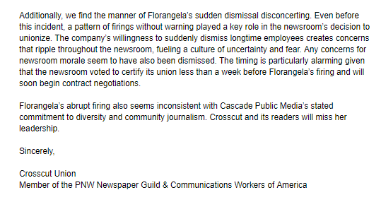 CascadePBSUnion's tweet photo. The Crosscut Union sent this letter today to the management of Cascade Public Media. We wrote to express support for our former managing editor, Florangela Davila, and express concern about the manner of her sudden dismissal. https://t.co/1TfurYXAsa https://t.co/rZpGZNKJb0
