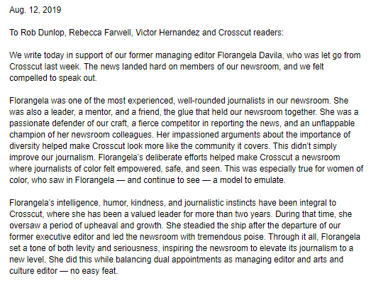 CascadePBSUnion's tweet photo. The Crosscut Union sent this letter today to the management of Cascade Public Media. We wrote to express support for our former managing editor, Florangela Davila, and express concern about the manner of her sudden dismissal. https://t.co/1TfurYXAsa https://t.co/rZpGZNKJb0
