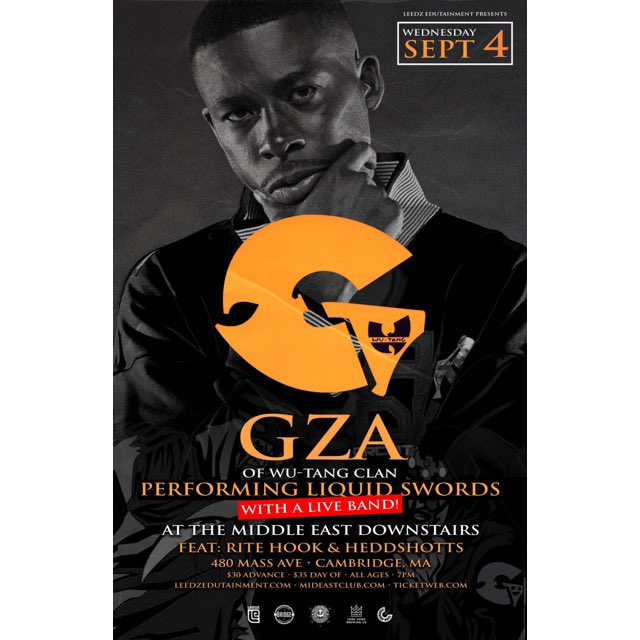 RiteHookFTW's tweet photo. I’m rocking with the legend GZA on 9/4 at The Middle East! Tickets on sale now here 👉 https://t.co/XH3uUMJi9z https://t.co/NrPQPGiIwl