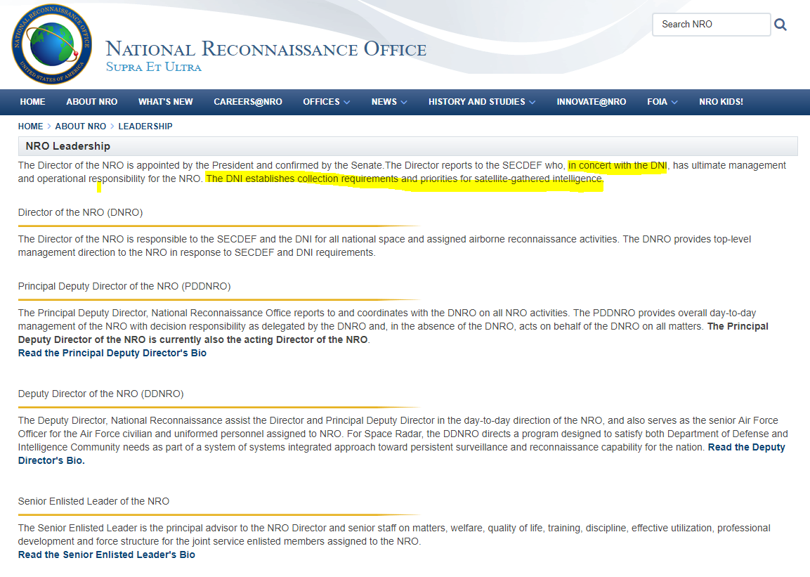 NRO Organizational Structure... Keep in mind. The NRO Director reports to the Director of National Intelligence (DNI). @POTUS  #WWG1WGA