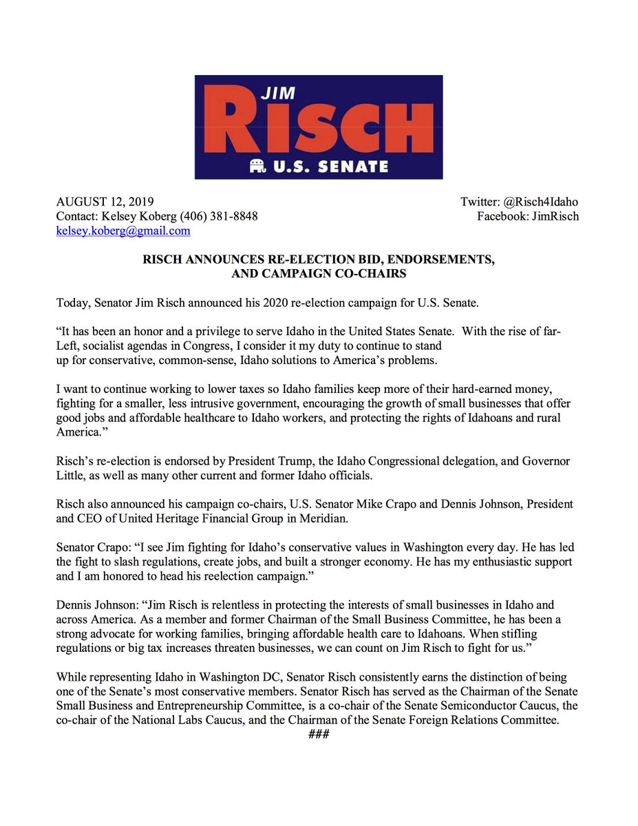 Risch4Idaho's tweet image. I'm excited to announce I'm running for re-election to continue to fight for Idaho's conservative values in Washington!